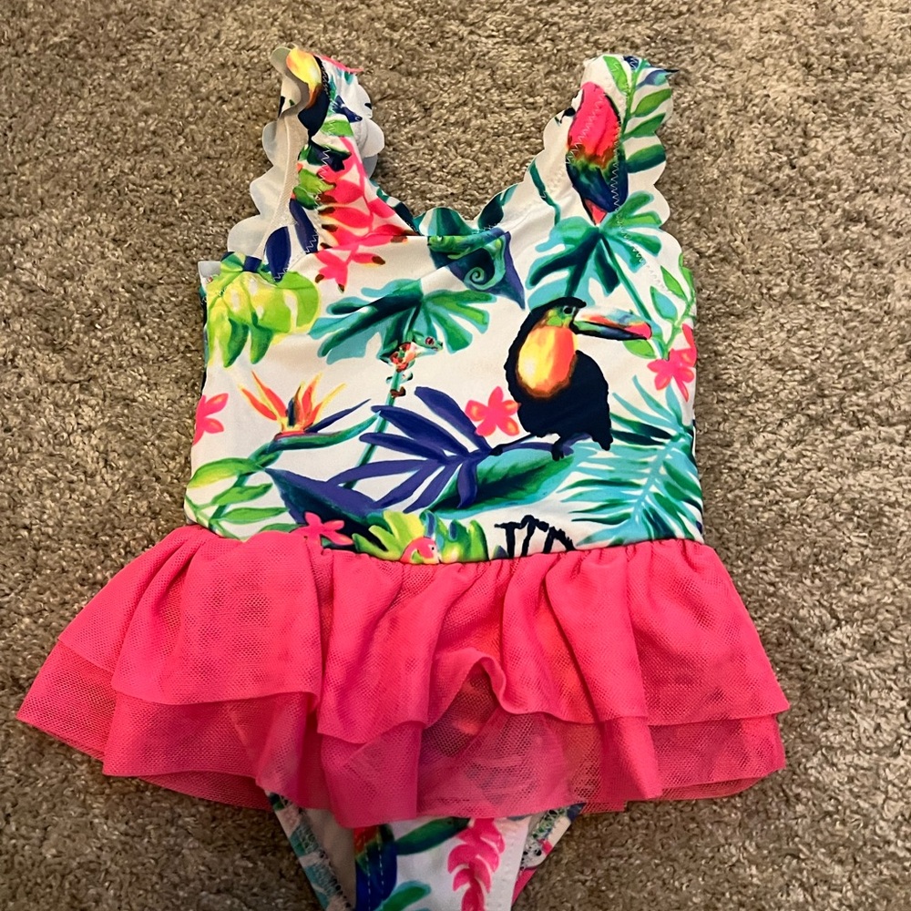 Tropical Kids Swimwear with Pink Ruffle Skirt